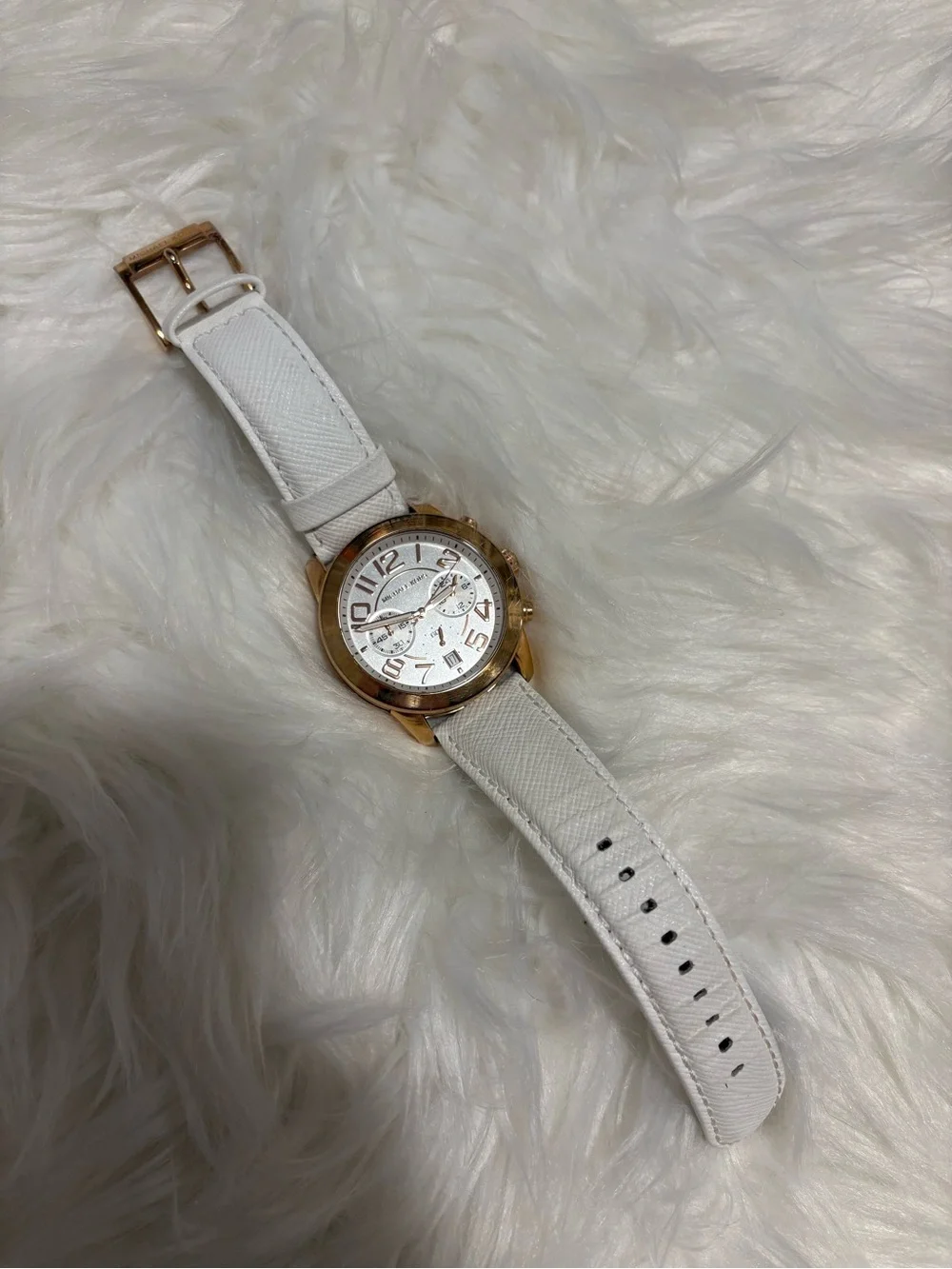 Michael Kors White Leather Strap Watch with Gold Case